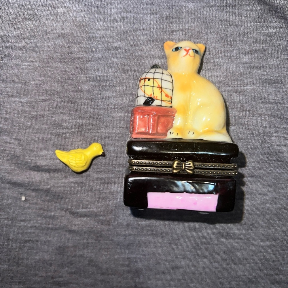Yellow Cat Trinket Box with Bird Accent